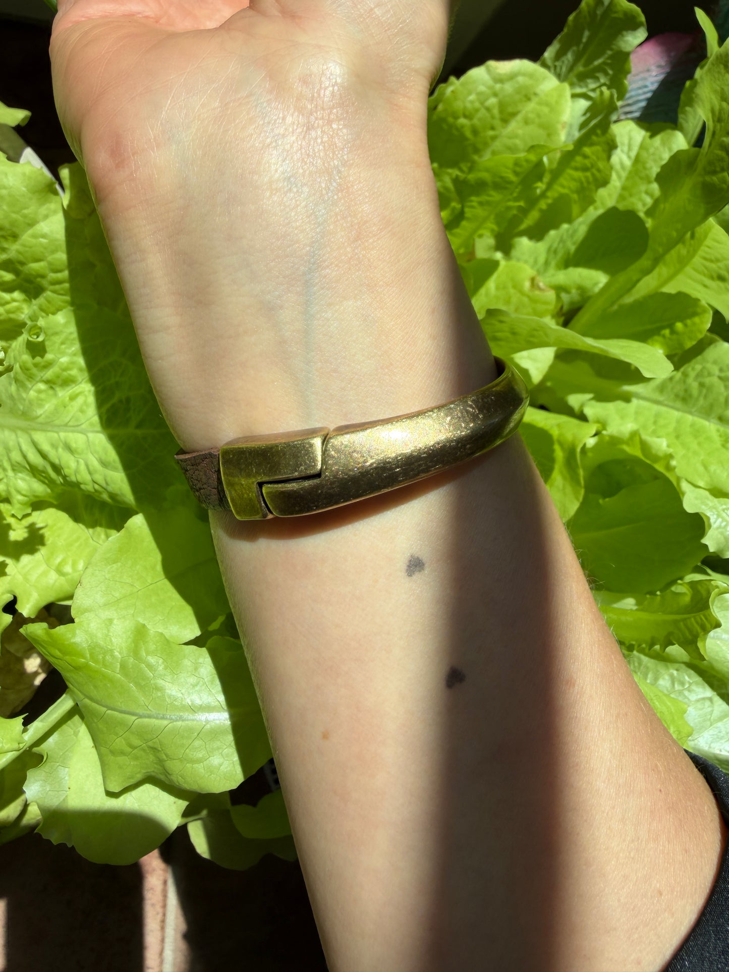 Hand Stitched Turquoise and Pyrite Cubes with Vintage Leather and Brass Bracelet