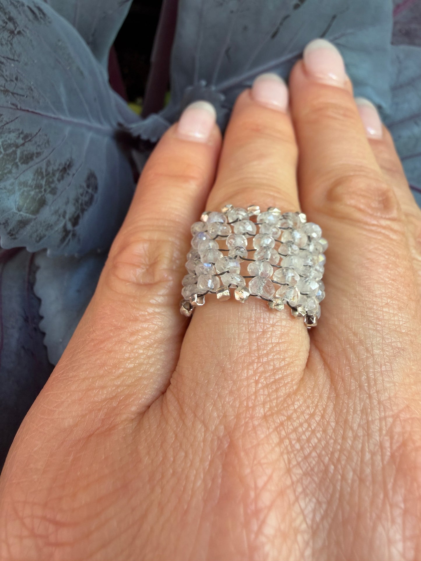 Hand Stitched Moonstone with Sterling Silver Trim - 6 Row