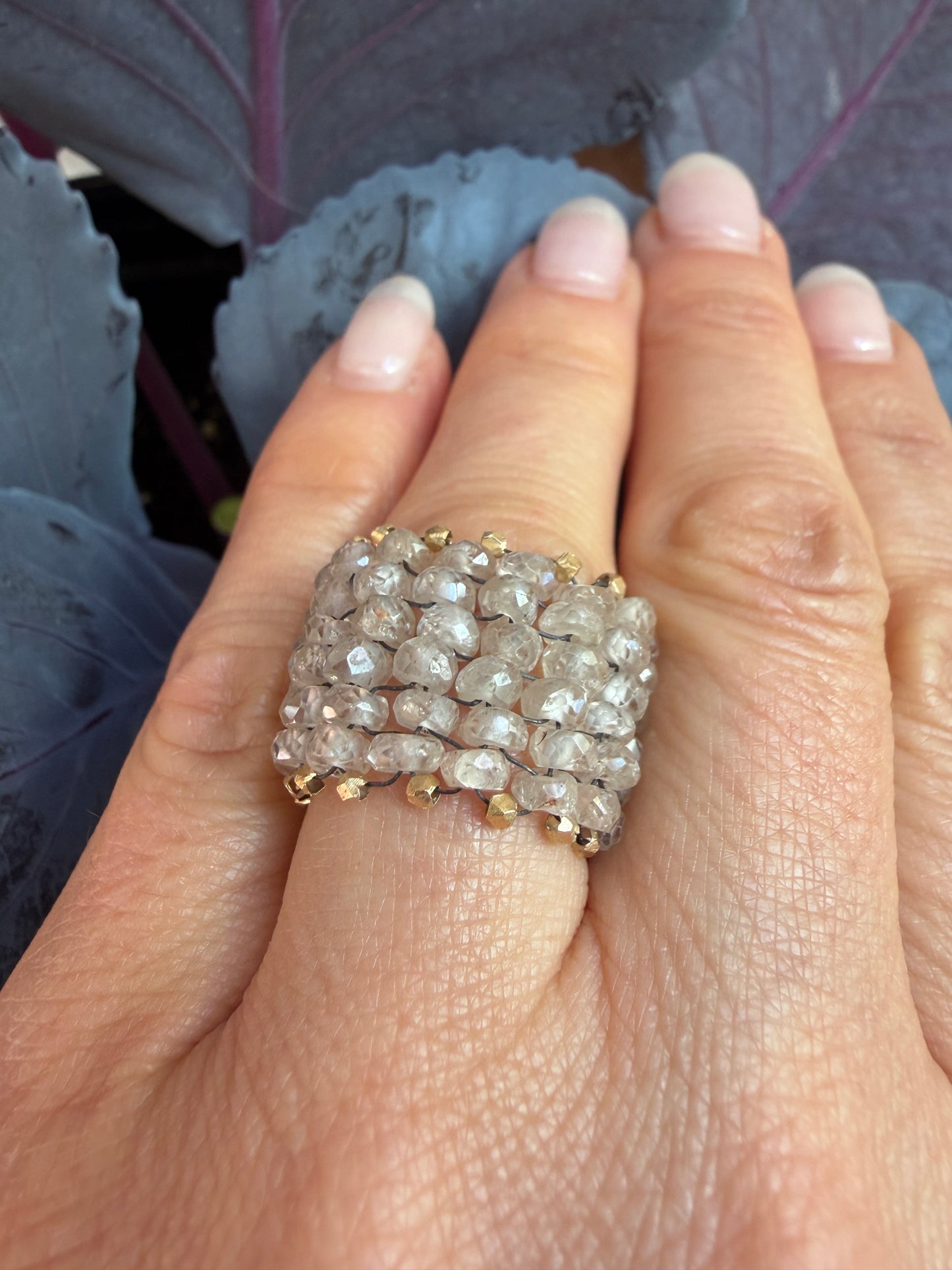 Hand Stitched Natural Zircon and Vermeil Ring