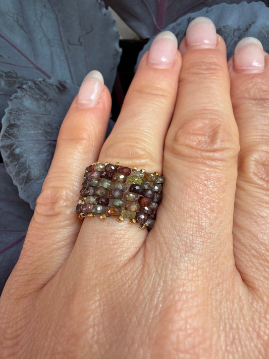 Hand Stitched Tundra Sapphire and Vermeil Ring- 6 row