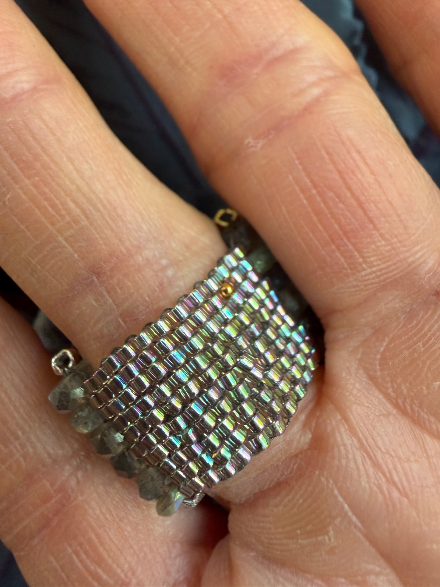 Hand Stitched Labradorite with Vermeil and Sterling Silver ring- 6 row