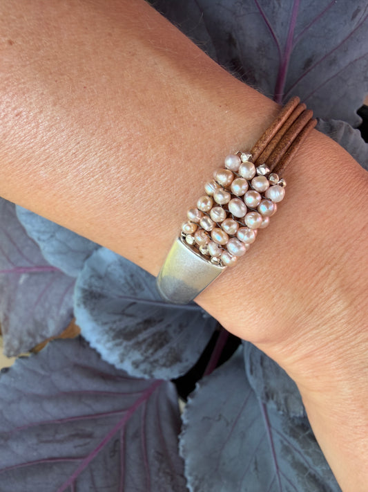 Hand Stitched Moss Opal and Leather Magnetic Bracelet