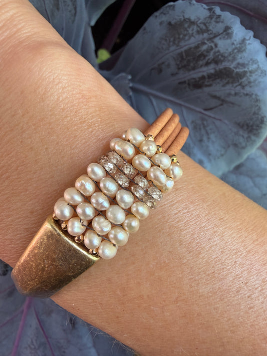 Hand Stitched White Pearl, Natural Zircon and Leather Magnetic Brass Bracelet