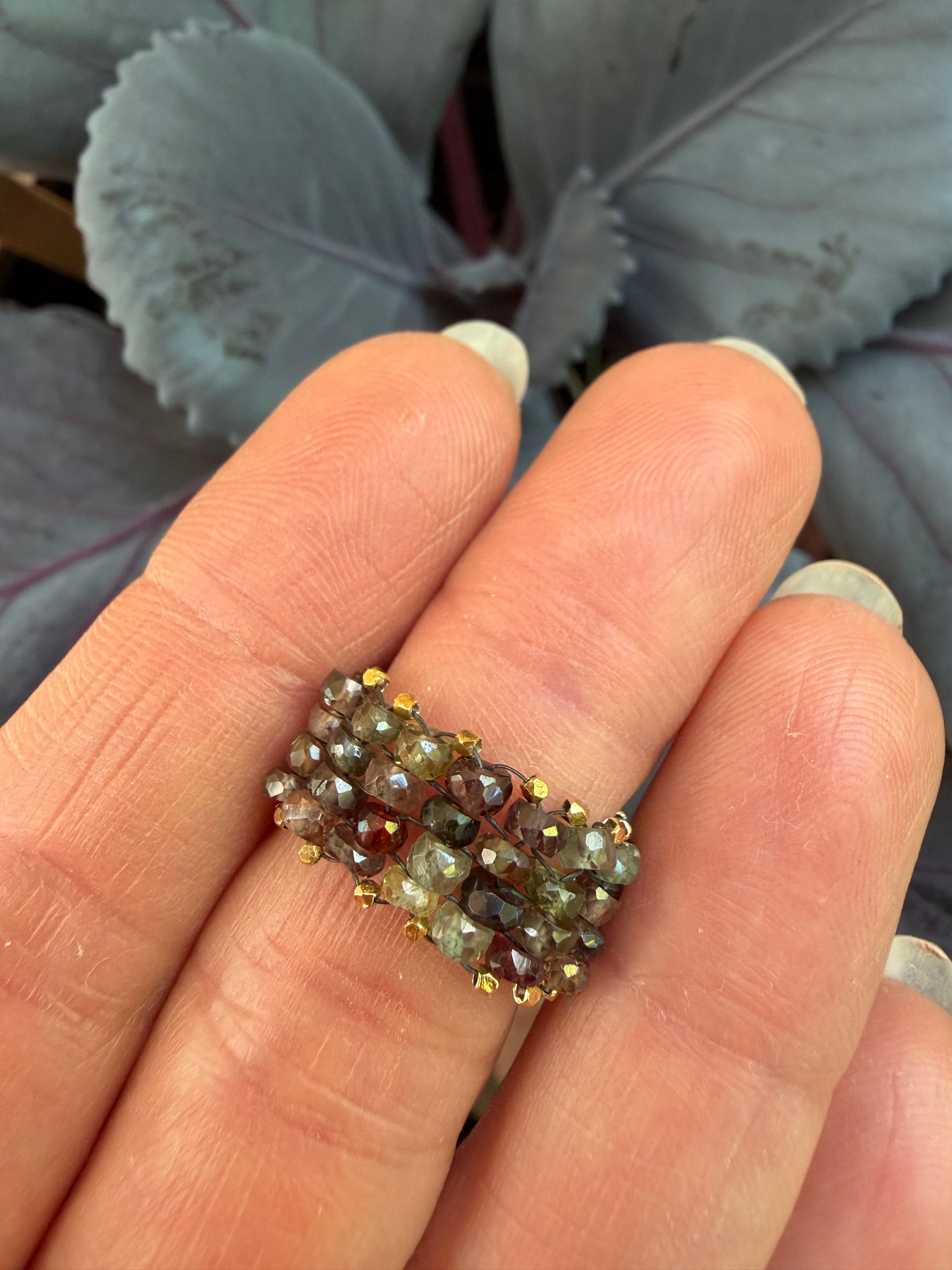 Hand Stitched Sapphire and Vermeil Ring- 4 row