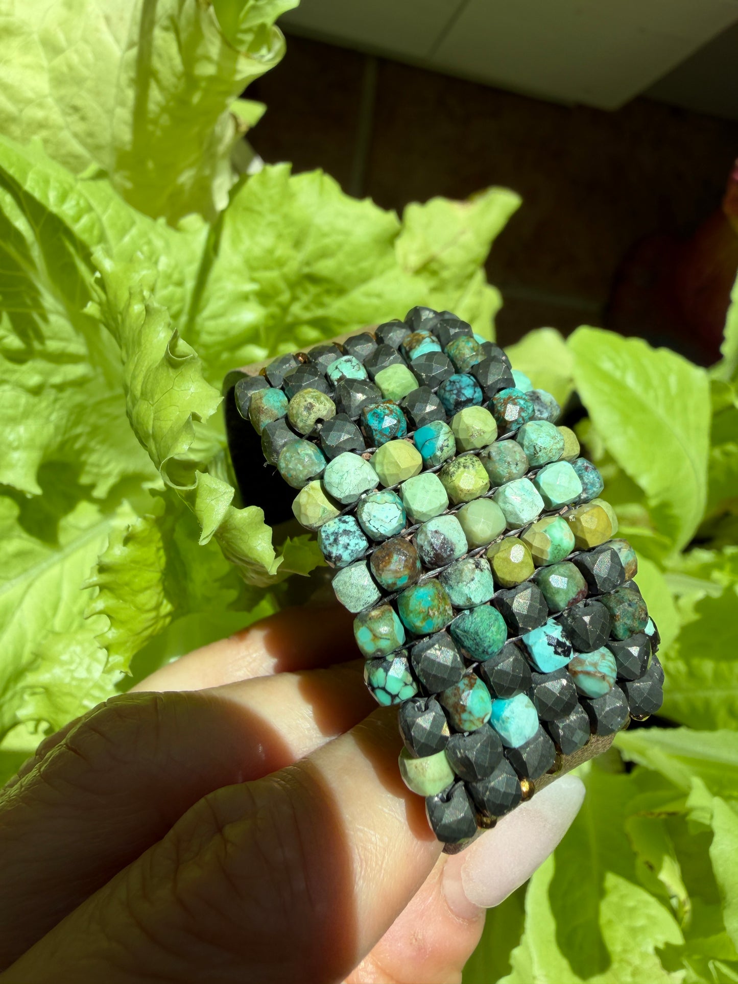 Hand Stitched Turquoise and Pyrite with Vintage Leather and Brass Bracelet