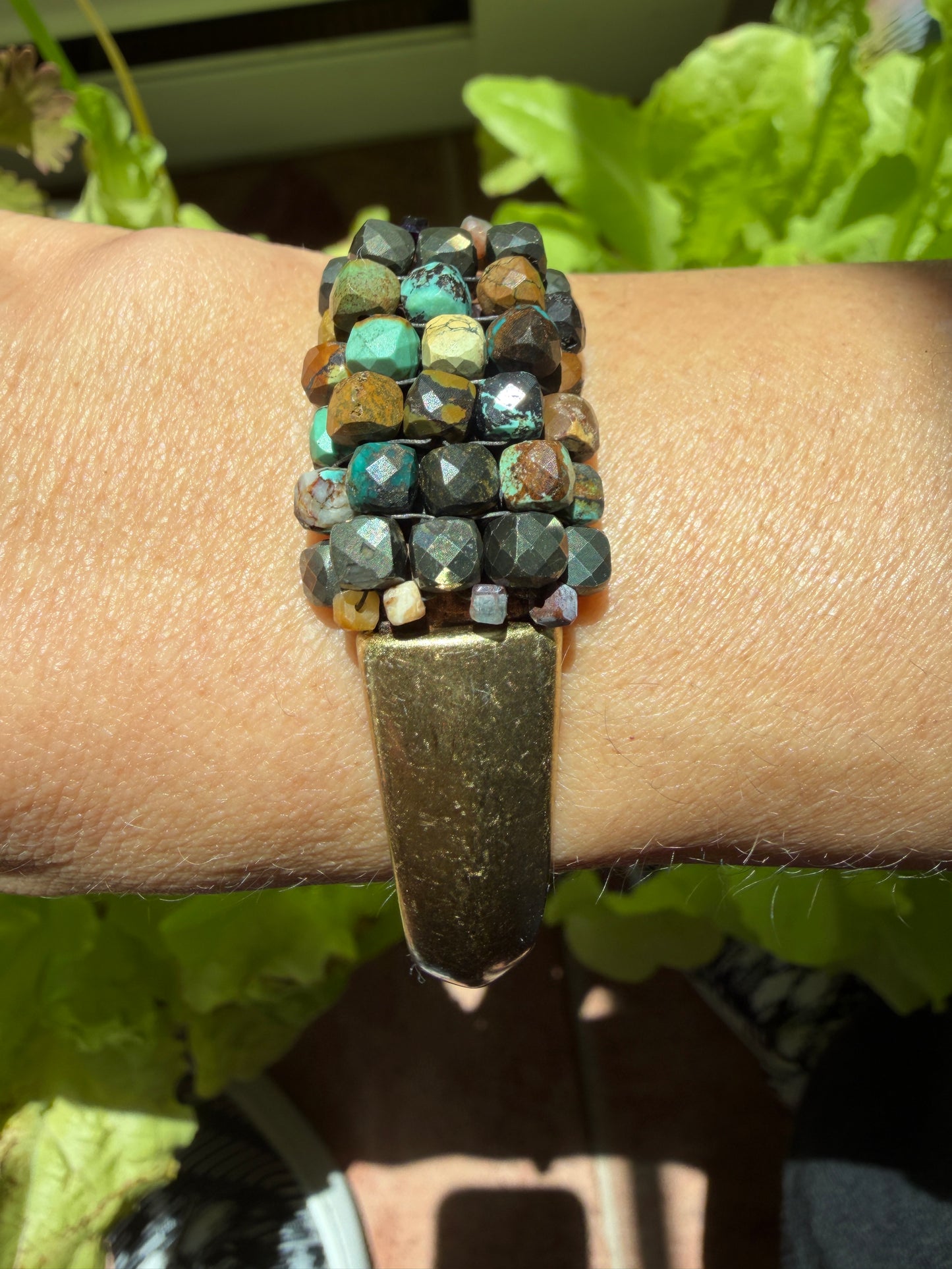 Hand Stitched Turquoise and Pyrite Cubes with Vintage Leather and Brass Bracelet