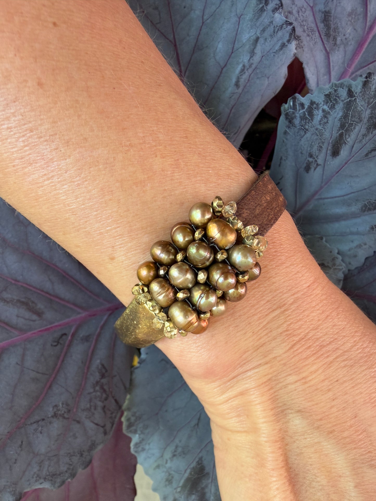 Hand Stitched Large Brown Pearls with Hematite and Vintage Brown Leather and Brass Magnetic Bracelet
