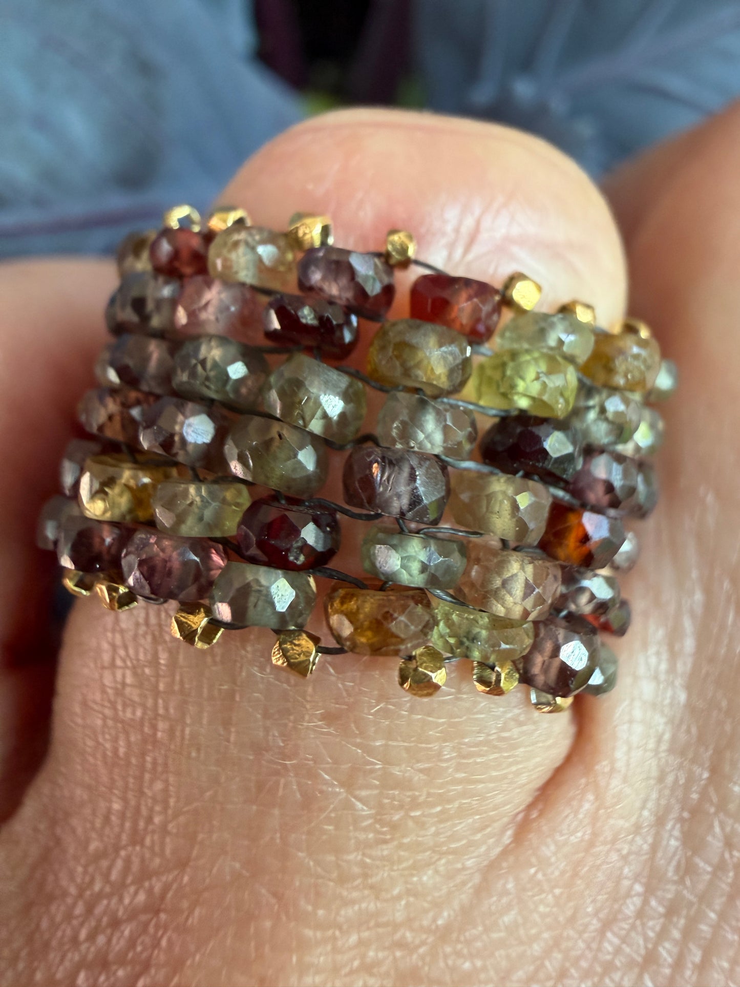 Hand Stitched Tundra Sapphire and Vermeil Ring- 6 row