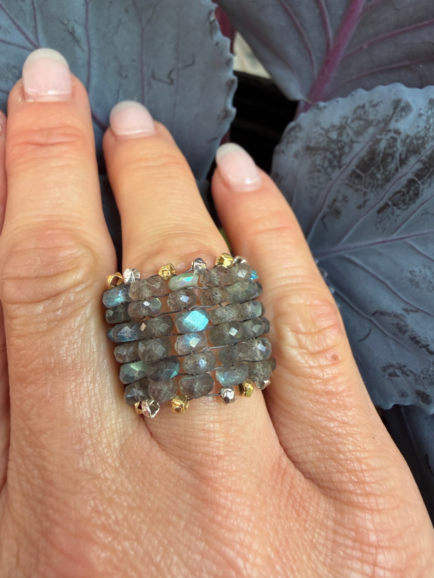 Hand Stitched Labradorite with Vermeil and Sterling Silver ring- 6 row