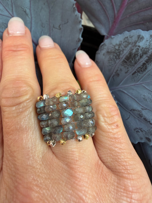 Hand Stitched Labradorite with Vermeil and Sterling Silver ring- 6 row