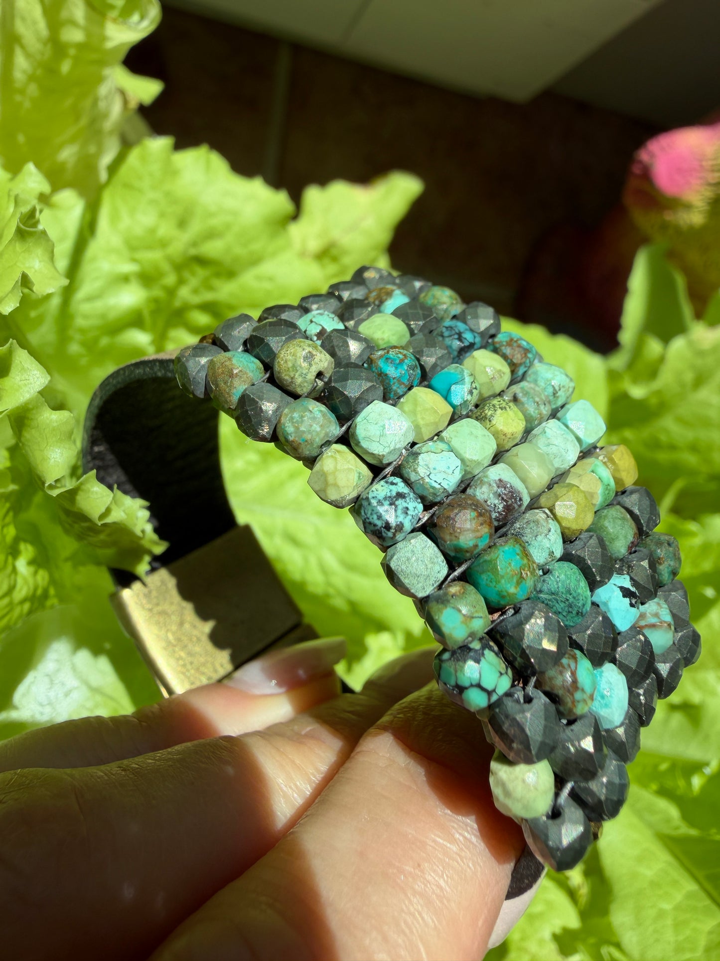 Hand Stitched Turquoise and Pyrite with Vintage Leather and Brass Bracelet