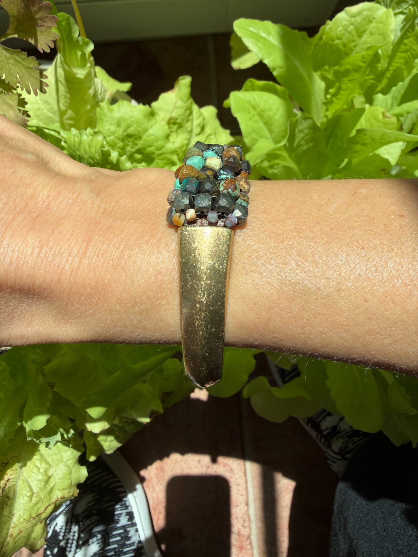 Hand Stitched Turquoise and Pyrite Cubes with Vintage Leather and Brass Bracelet