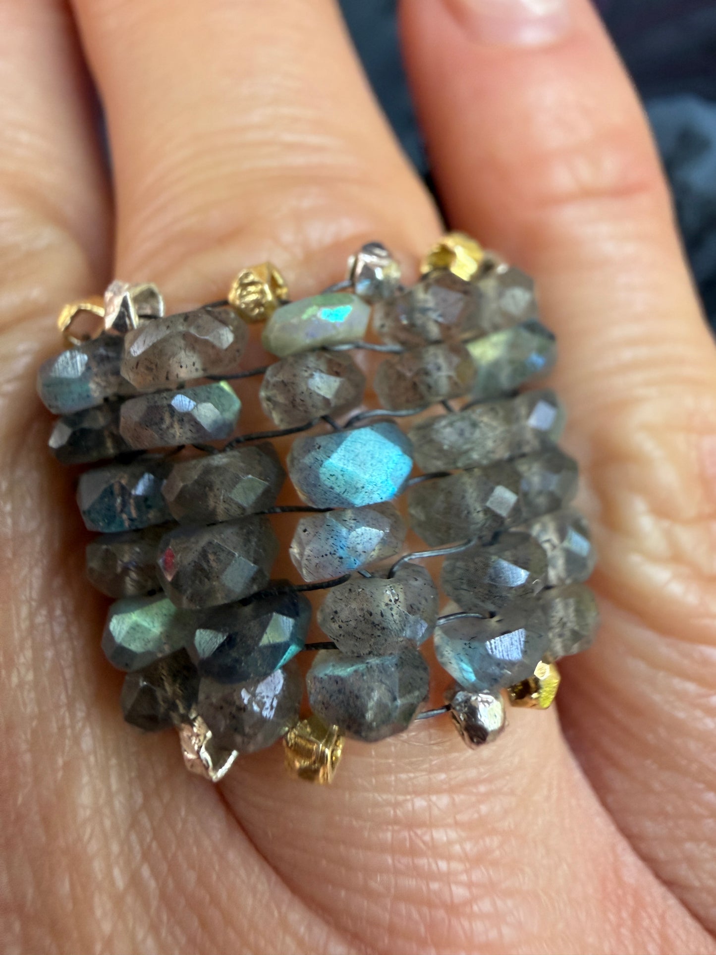 Hand Stitched Labradorite with Vermeil and Sterling Silver ring- 6 row
