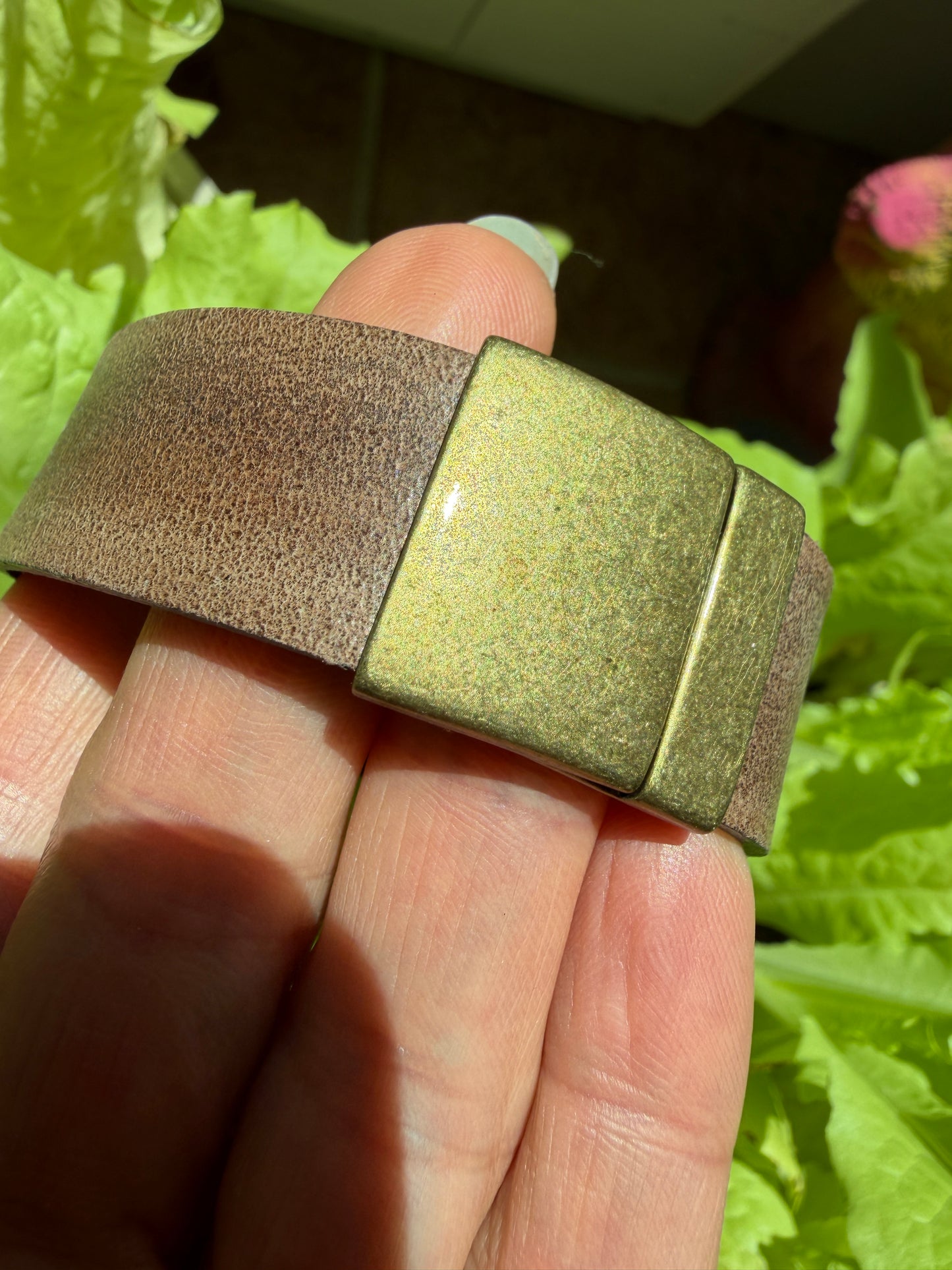 Hand Stitched Turquoise and Pyrite with Vintage Leather and Brass Bracelet