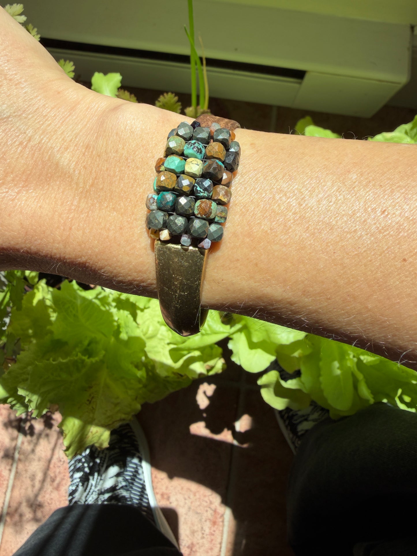 Hand Stitched Turquoise and Pyrite Cubes with Vintage Leather and Brass Bracelet