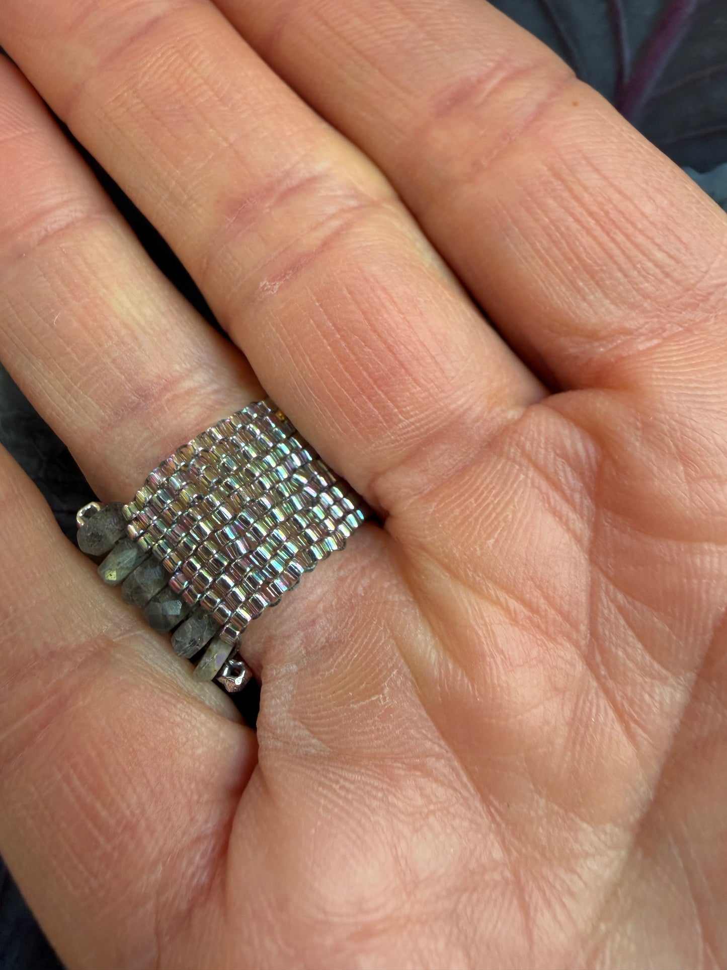 Hand Stitched Labradorite with Vermeil and Sterling Silver ring- 6 row