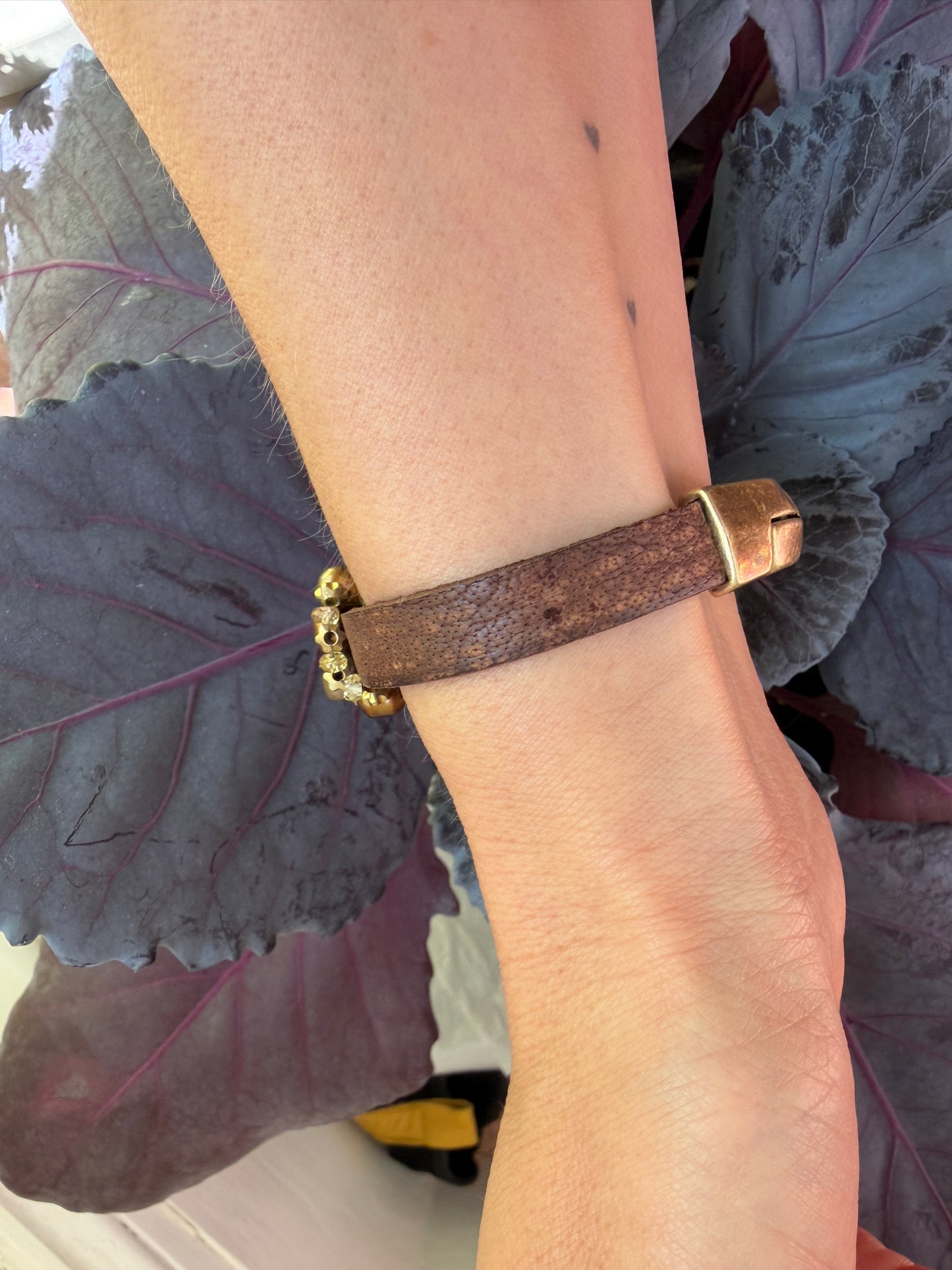 Hand Stitched Large Brown Pearls with Hematite and Vintage Brown Leather and Brass Magnetic Bracelet