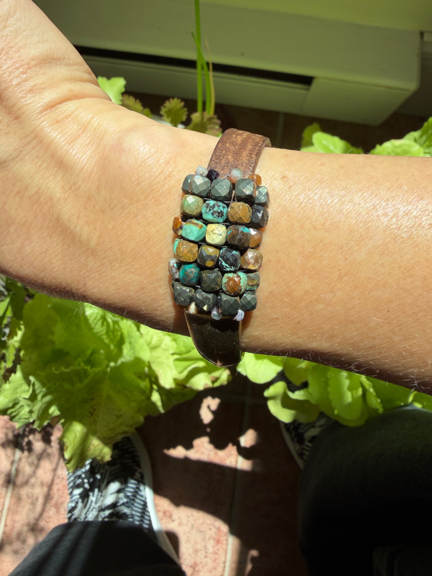 Hand Stitched Turquoise and Pyrite Cubes with Vintage Leather and Brass Bracelet