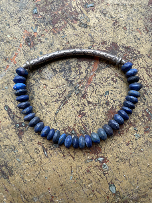 Carved Lapis and Silver Bracelet