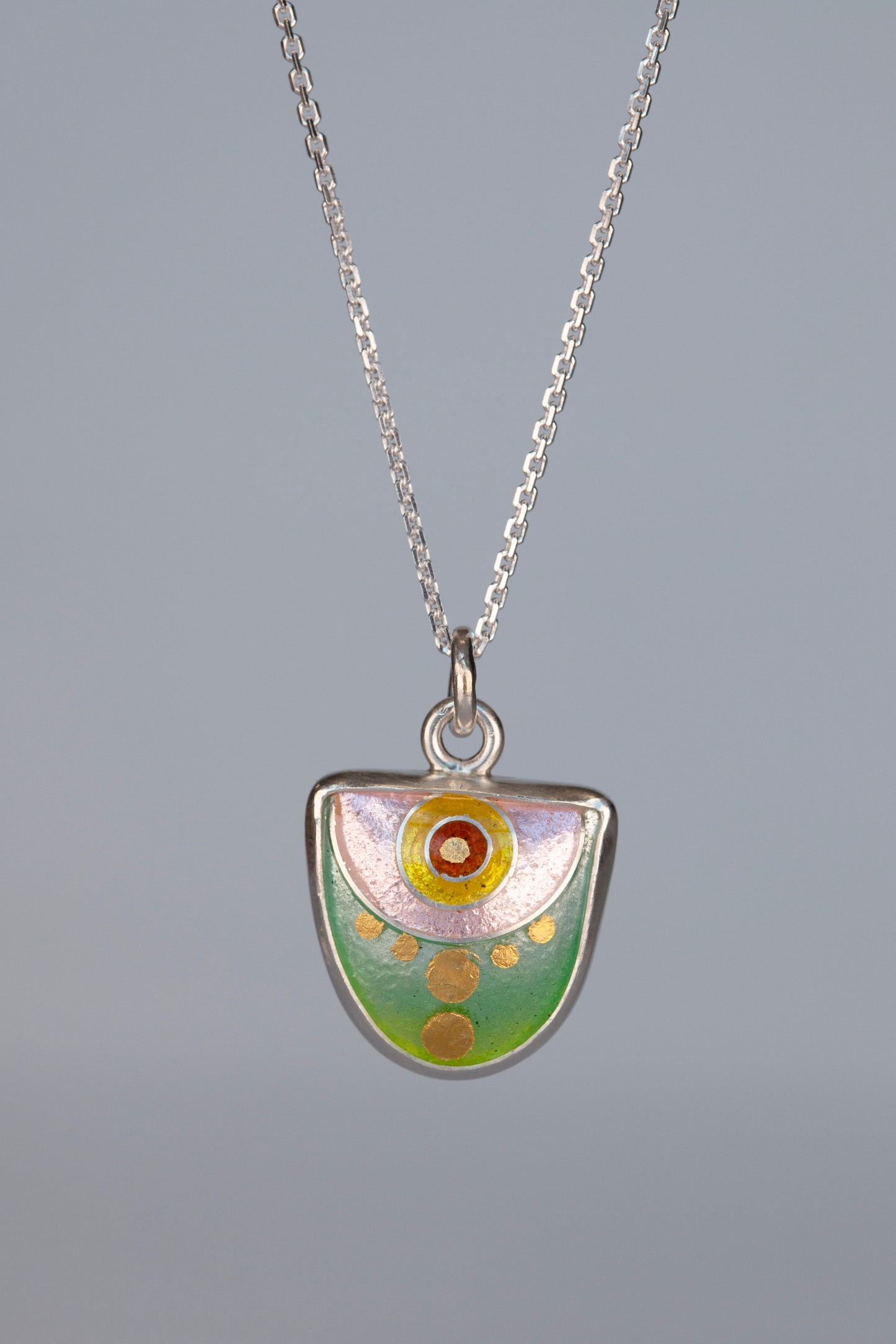 Small Enamel Pendant- greens and pinks
