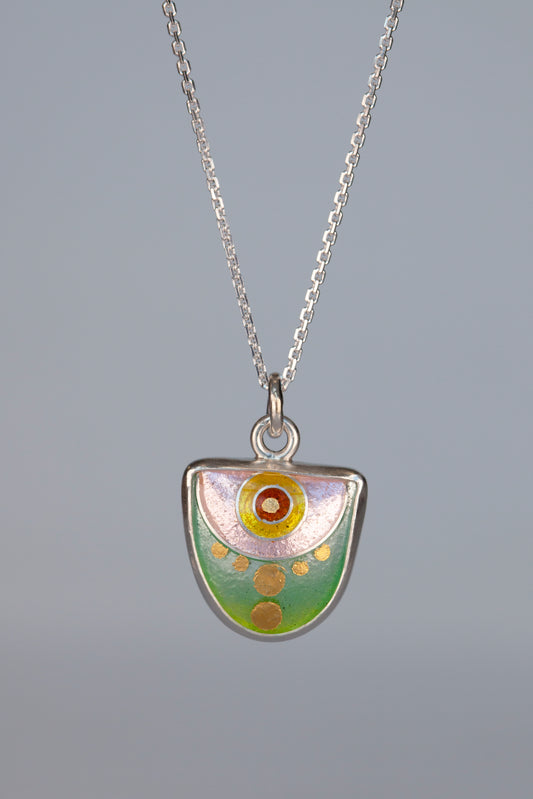 Small Enamel Pendant- greens and pinks