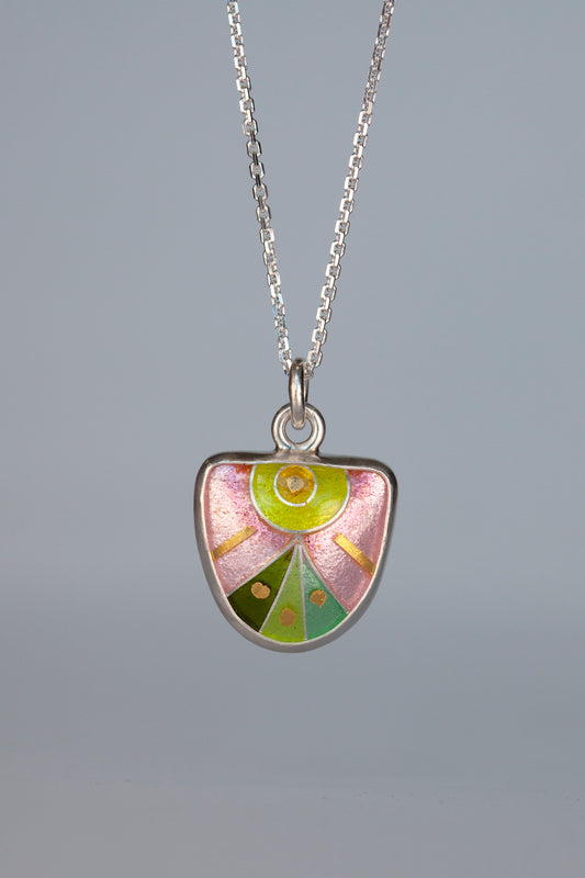 Small Enamel Pendant- greens and pinks triangles