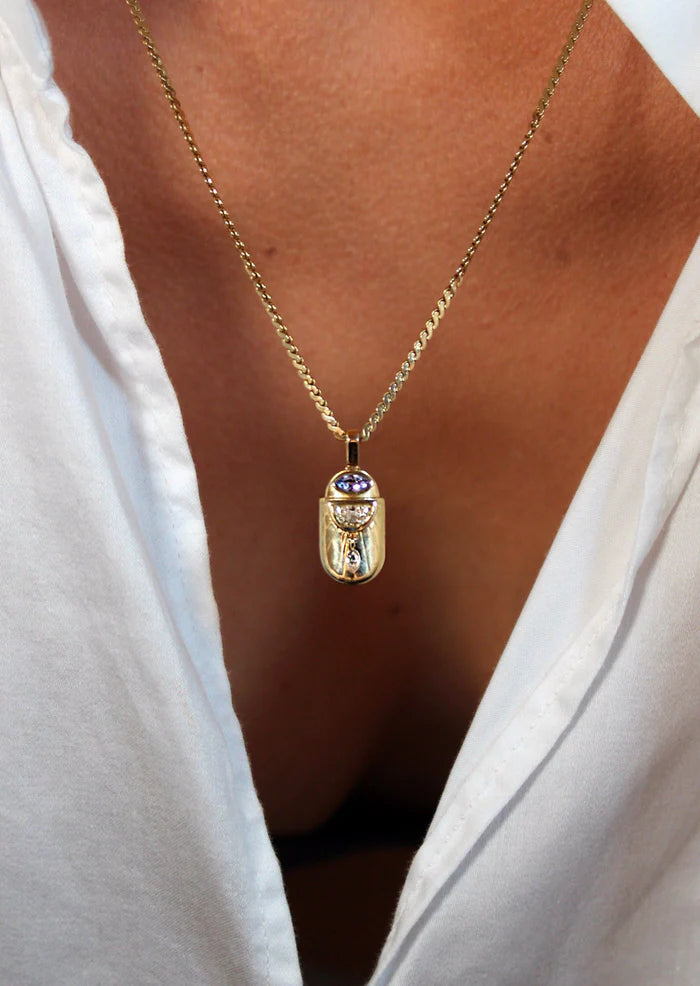 Golden Scarab Amulet Tanzanite & Diamond Pendant 14K