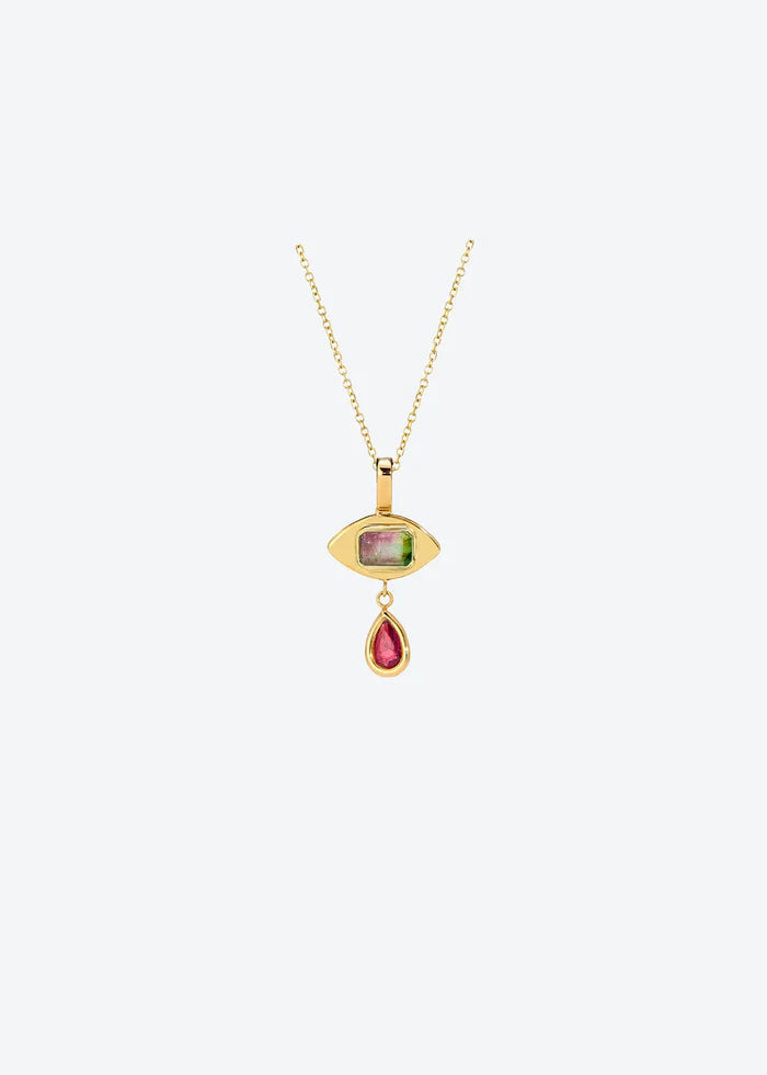 Tiny Eye Necklace in Watermelon Tourmaline or Emerald 14K