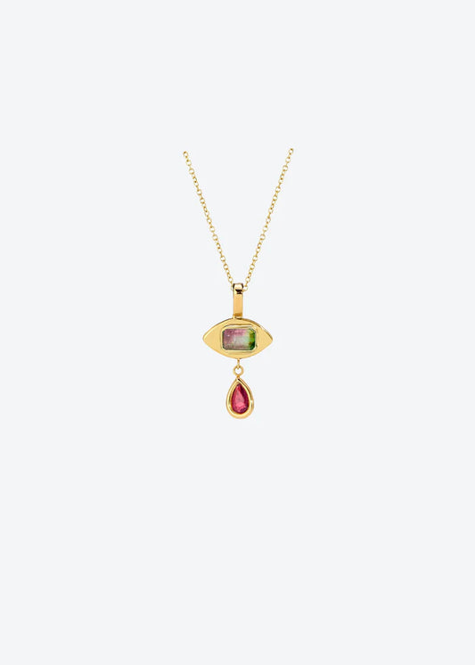 Tiny Eye Necklace in Watermelon Tourmaline or Emerald 14K