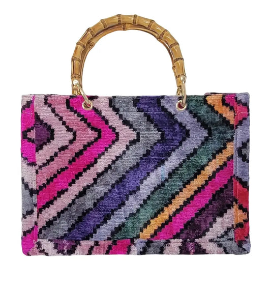 Silk Velvet Ikat Small Tote Bag with Bamboo Handle