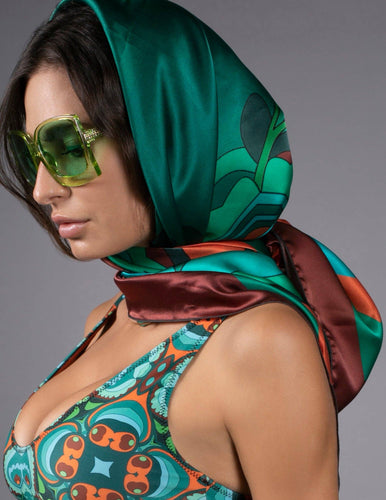 PSILOCYBIN TEAL & ORANGE SILK SCARF