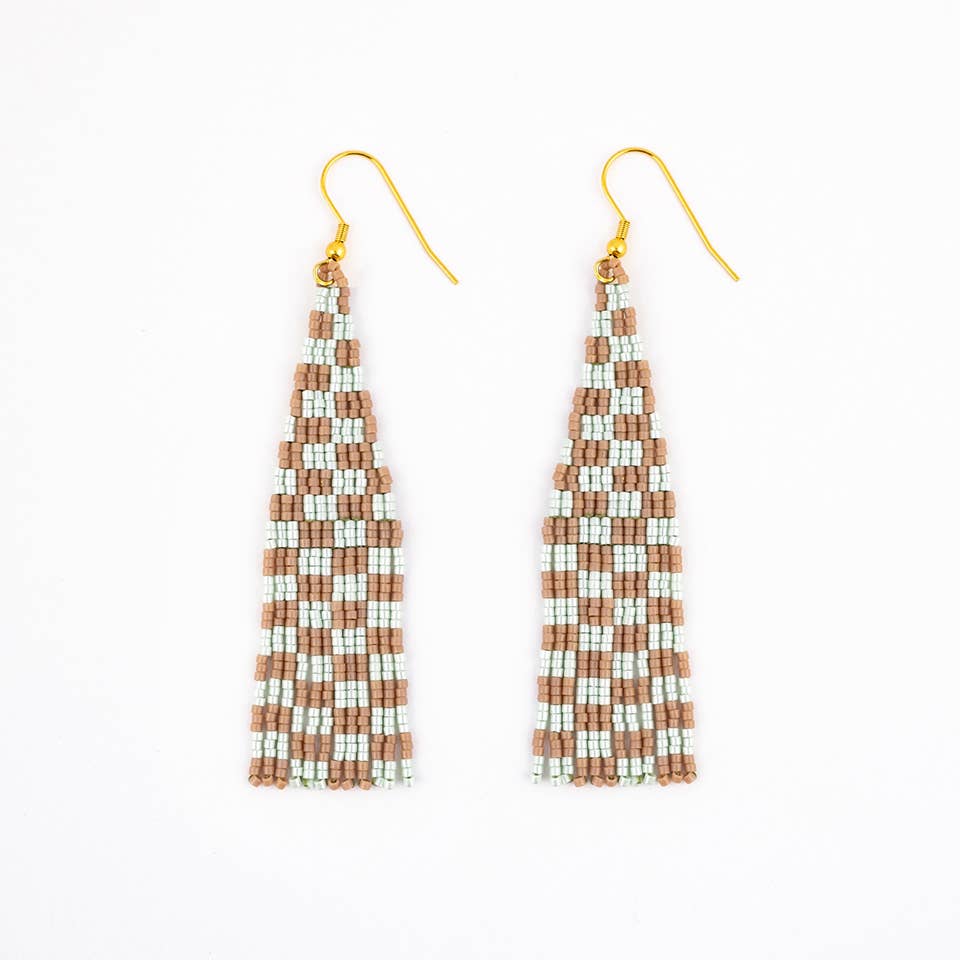 Sea foam Sand Delica Checkerboard Fringe Earrings