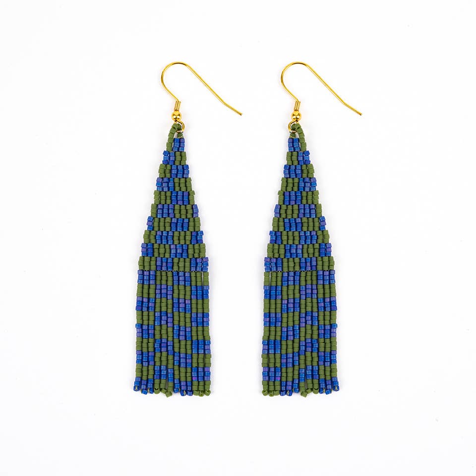 Blue Green Delica Checkerboard Fringe Earrings