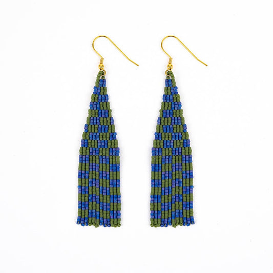 Blue Green Delica Checkerboard Fringe Earrings