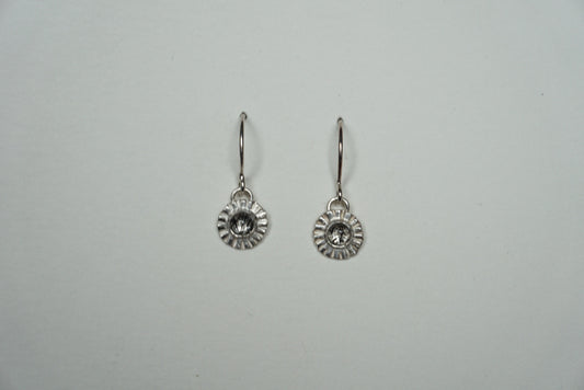 Small silver ridged circle drop earring with tourmilated quartz