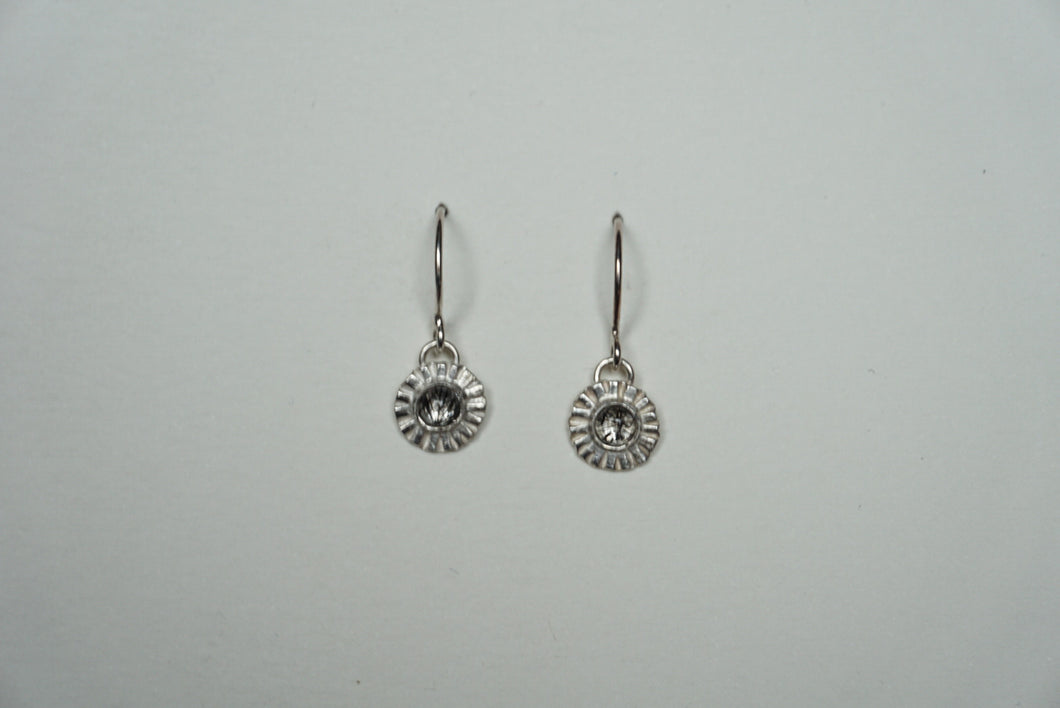 Small silver ridged circle drop earring with tourmilated quartz