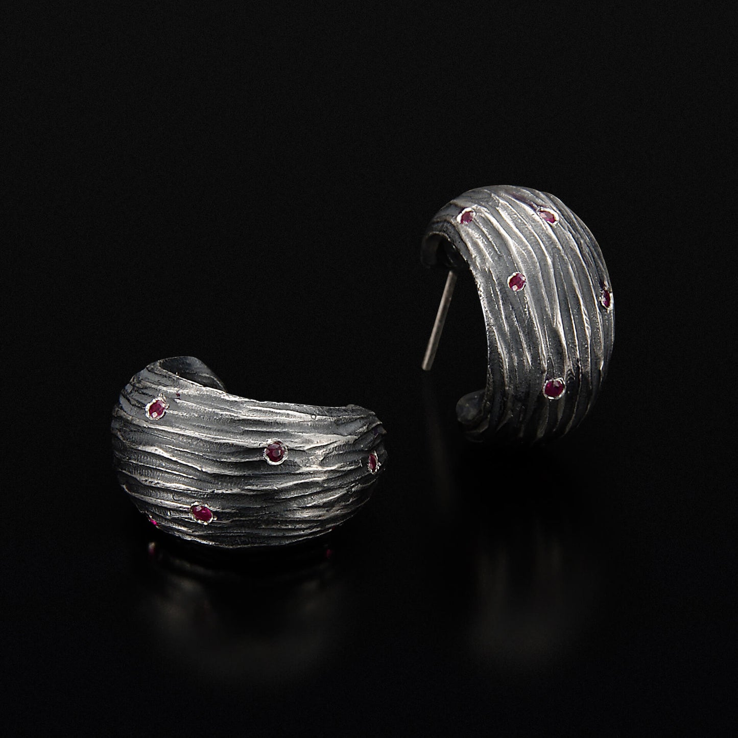 Sterling Silver "Dig" hoop earring with Rubies