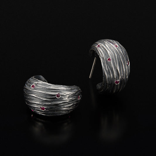Sterling Silver "Dig" hoop earring with Rubies