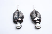 Load image into Gallery viewer, Silver scarab drop with pearl earrings