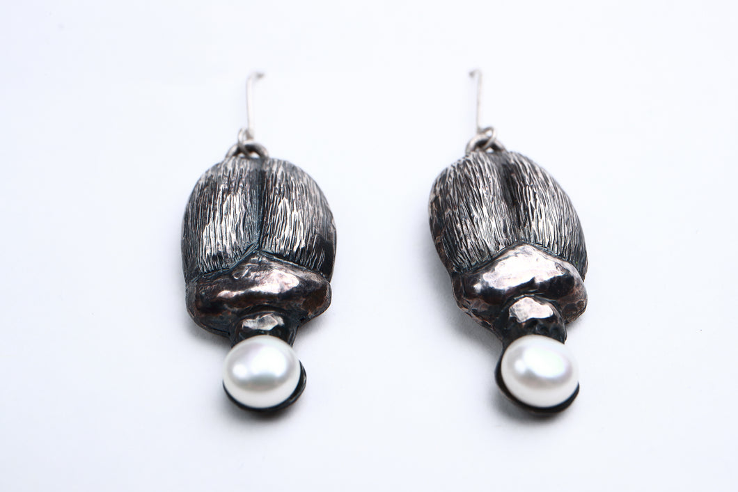 Silver scarab drop with pearl earrings