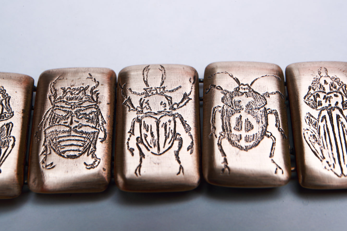 Bronze Etched beetles link bracelet