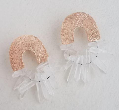 Small Carved Arch Post Earrings Rose Gold with Quartz