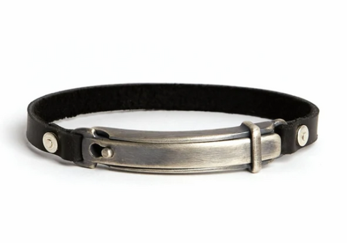 Lock Bracelet -Sterling Silver Patina with Black Leather