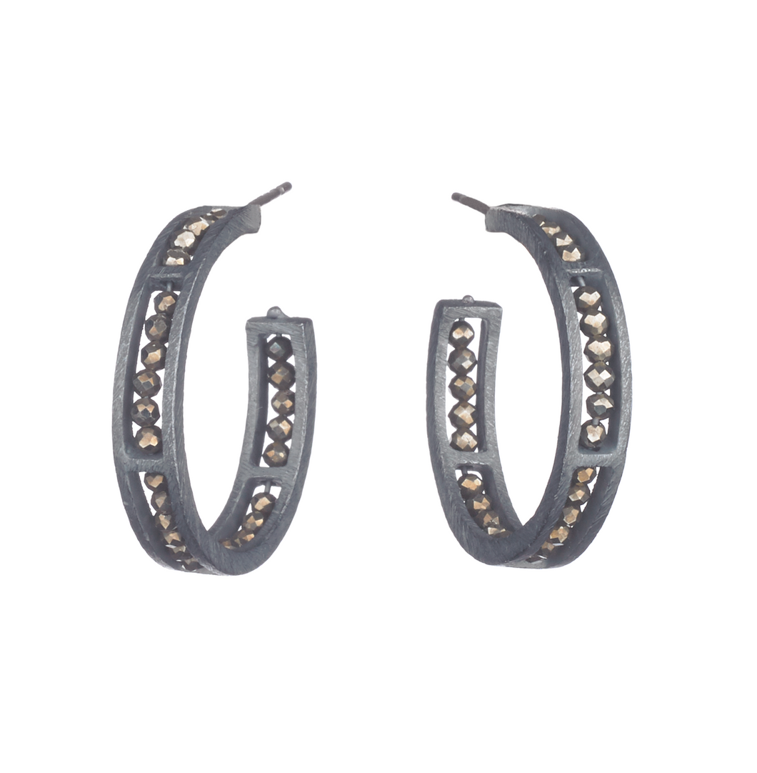 Carved Segment Hoop Earrings with Pyrite