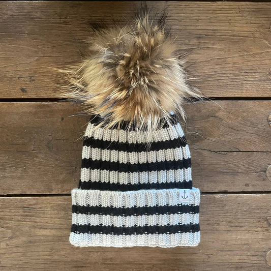 Breton Stripe Hat | Light Heather/Midnight with Natural Pom: Real Fur Pom Pom
