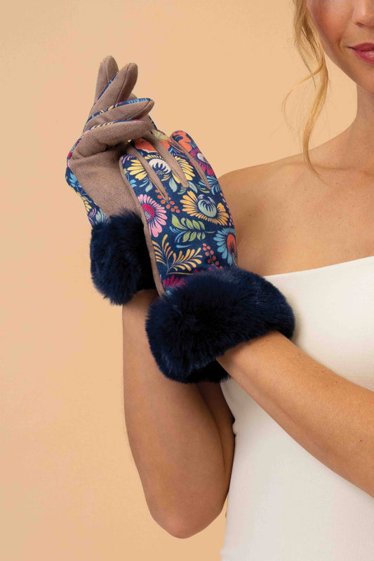 Bernadette Folk Art Floral Gloves - Navy
