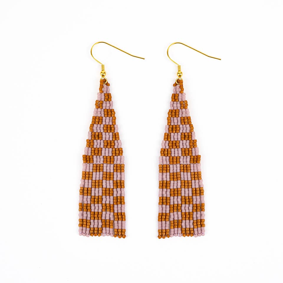 Lilac Clay Delica Checkerboard Fringe Earrings