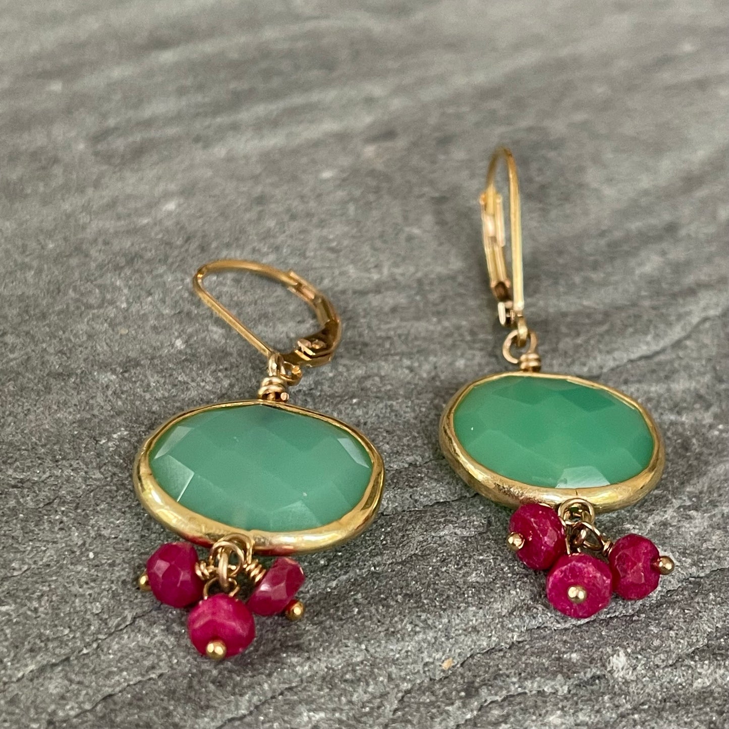 Chrysoprase and Ruby dangles