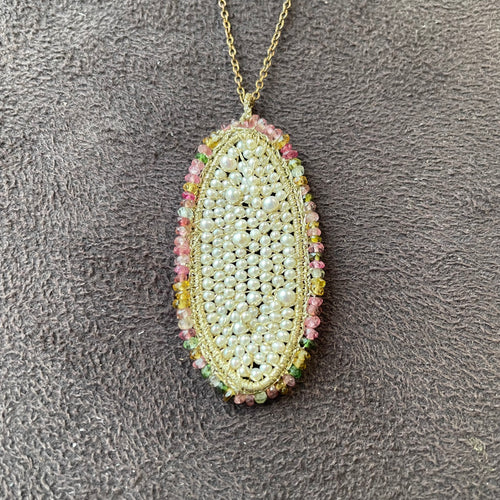 Woven Pearls with Rainbow Tourmaline Pendant