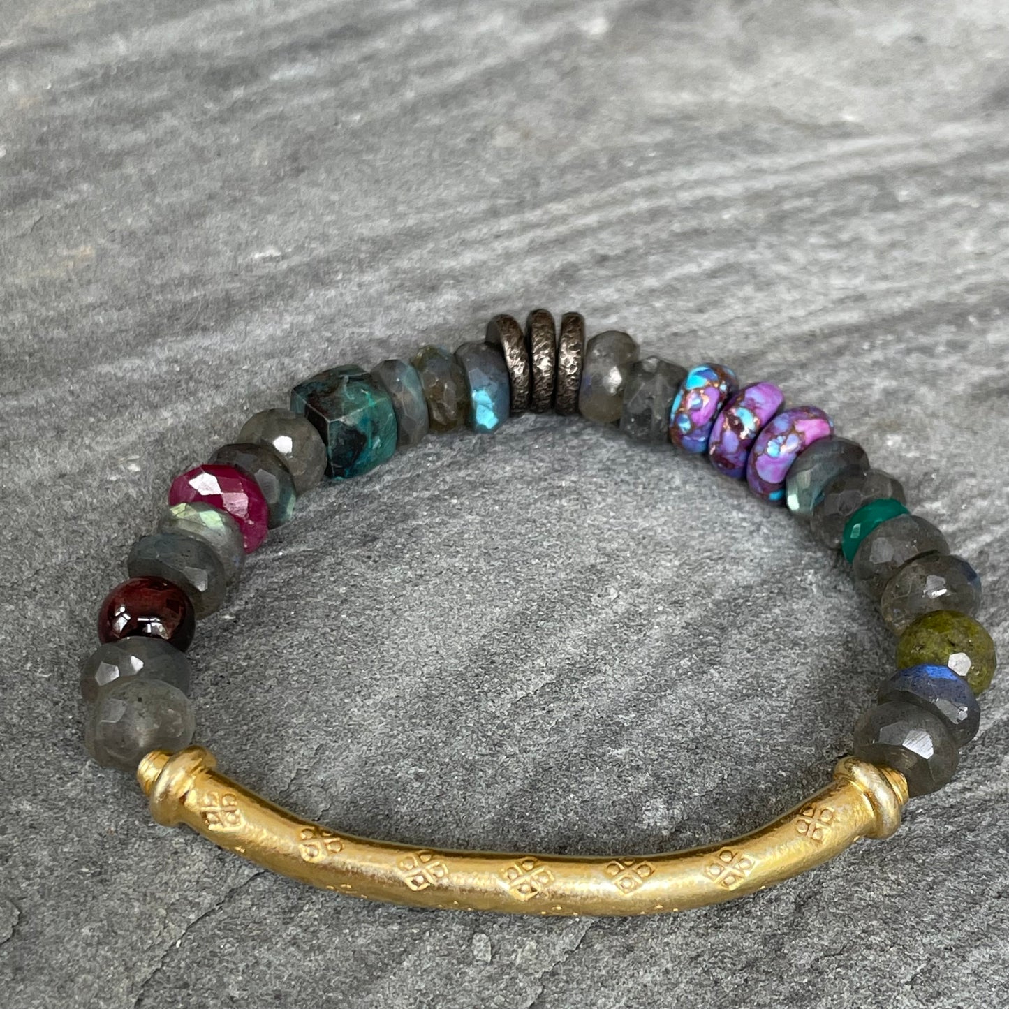 Labradorite and Chrysocolla Cube Beaded Bracelet
